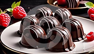 chocolate pralines glistening with a glossy with raspberry, plate of chocolates and raspberries ,pralines background