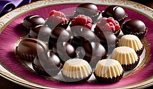 chocolate pralines glistening with a glossy with raspberry, plate of chocolates and raspberries ,pralines background