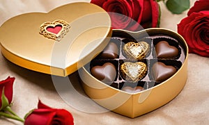 Chocolate pralines golden heart shape box Valentine\'s Day gift, with red rose decoration