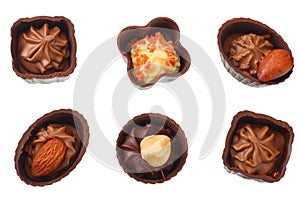 Chocolate pralines isolated on a white background. top view