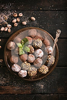 Chocolate pralines in the plate