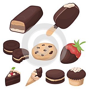 Chocolate products for people. Chocolate desserts icon in set collection on cartoon style