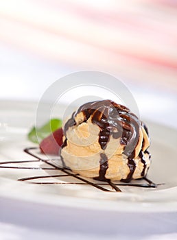 Chocolate profiteroles with ice cream on a plate