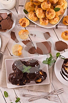 Chocolate profiteroles.