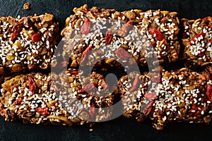 Chocolate Protein Bars with Muesli, Goji Berries and Sesame Seeds