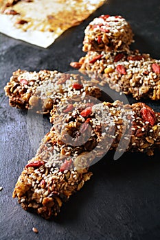 Chocolate Protein Bars with Muesli, Goji Berries and Sesame Seeds