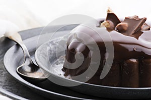 Chocolate pudding with chocolate dressing on a plate