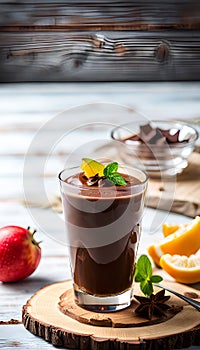 Chocolate Pudding Encircled by a Delightful Array of Fresh Fruits and Scattered Nutty