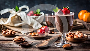 Chocolate Pudding Encircled by a Delightful Array of Fresh Fruits and Scattered Nutty