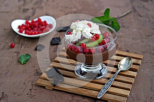 Chocolate pudding with red currants and kiwi in a glass ice-cream bowl