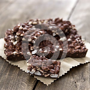 Chocolate with puffed rice bar on table