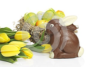 Chocolate rabbit with eggs and Daffodils