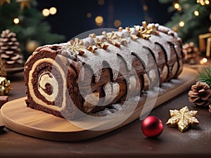 Chocolate roll cake with berries on a wooden board with christmas decoration