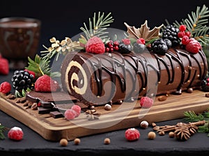 Chocolate roll cake with berries on a wooden board with christmas decoration