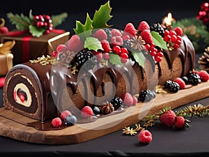 Chocolate roll cake with berries on a wooden board with christmas decoration