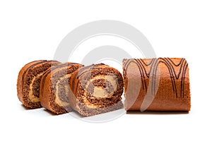 Chocolate roll sponge cake with chocolate cream isolated on white