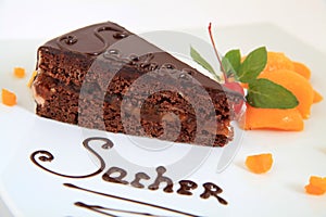 Chocolate sacher cake with decoration