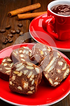 Chocolate salami with hot chocolate and cinamon