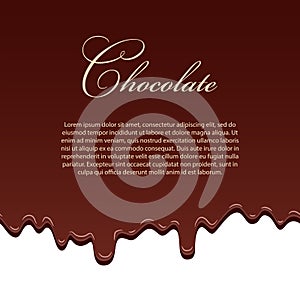 Chocolate seamless pattern template, lorem ipsum text. Drip dark chocolate isolated white background. Sweet melting food