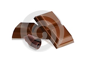 Chocolate shavings with pieces of chocolate bar set