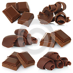 Chocolate shavings with pieces of chocolate bar set