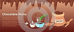 Chocolate shop brown menu vector illustration, cartoon flat web banner design with border of chocolate melt liquid