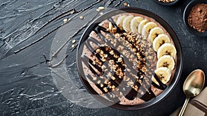 Chocolate Smoothie Bowl with Bananas and Granola Top View