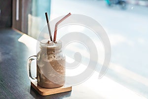 Chocolate smoothie (milkshake) with jar