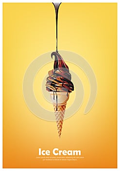 Chocolate soft ice cream cone, Pour chocolate syrup, Vector illustration