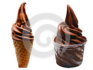 chocolate soft serve ice cream in a cone and a cup