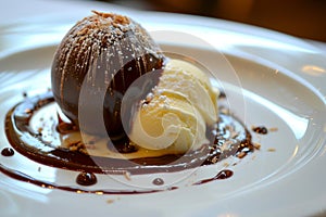 Chocolate Sphere, Passionfruit coulis cascades down, vanilla ice cream rests beside it photo