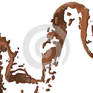 Chocolate spiral jet, brown splash, liquid wave, splashing loops, curvy line, isolated on white background, 3d rendering