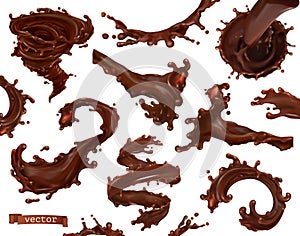 Chocolate splash. 3d vector set