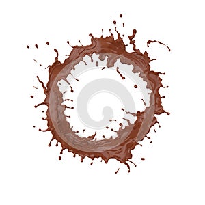Chocolate splash in circle shape Isolated on white background, c photo