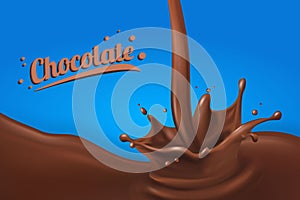 Chocolate splash 3D.Abstract realistic milk drop with splashes isolated on blue background.element for advertising