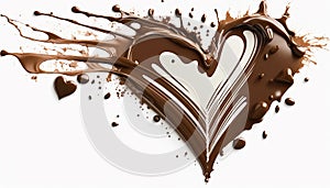 Chocolate splash in heart shape isolate on white background.