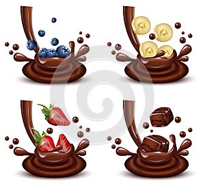Chocolate splash set with different fruits mix Vector realistic