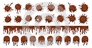 Chocolate splash splatter cartoon set stain coffee cocoa splat liquids drop icon drops drips vector