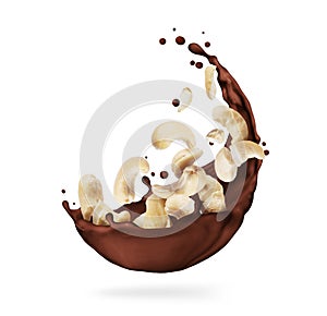 Chocolate splashes with crushed cashew close-up on a white background