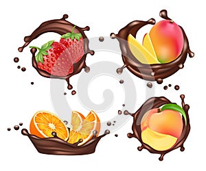 Chocolate splashes with fruits and berries. Vector realistic orange and peach, mango and strawberry with chocolate milk photo