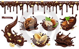 Chocolate splashes with peanuts, hazel nuts, chocolate cookies. Seamless pattern. 3d vector food objects set