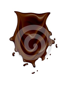 Chocolate splashes. Realistic drops or swirl flow on white background. Vector liquid cacao food, hot drink template