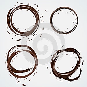 Chocolate splashes set. Brown hot coffee or chocolate round circle splashes with drops and bolts set isolated on white