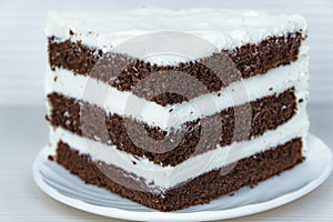 Chocolate sponge cake with butter cream interlayer. Close-up