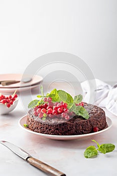 Chocolate sponge cake decorated with red currant berries on white table background with text space