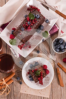 Chocolate sponge cake with fresh fruit.