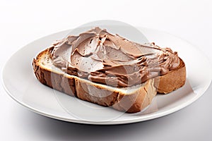 Chocolate spread bread sandwich on white plate