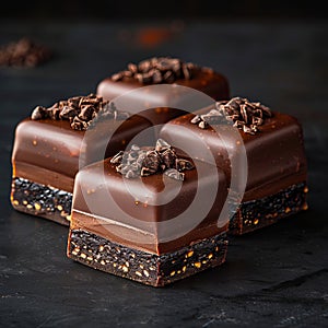 Chocolate squares with chocolate chips on a dark surface