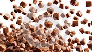 Falling Caramel Cubes on White Background