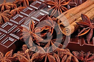 Chocolate, star anise and cinnamon sticks close up as